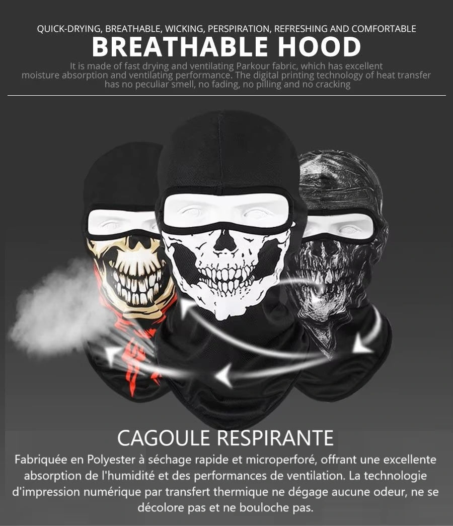 Cagoule Moto Tête de Mort respirante avec illustration de ventilation. Tissu anti-humidité offrant une protection complète contre le froid et le vent.