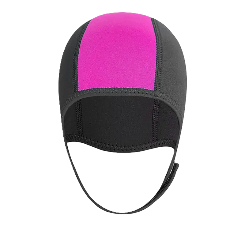 Cagoule néoprène de natation ou plongée en eau froide, coloris noir et rose, avec mentonnière ajustable pour une protection thermique et un confort optimal.