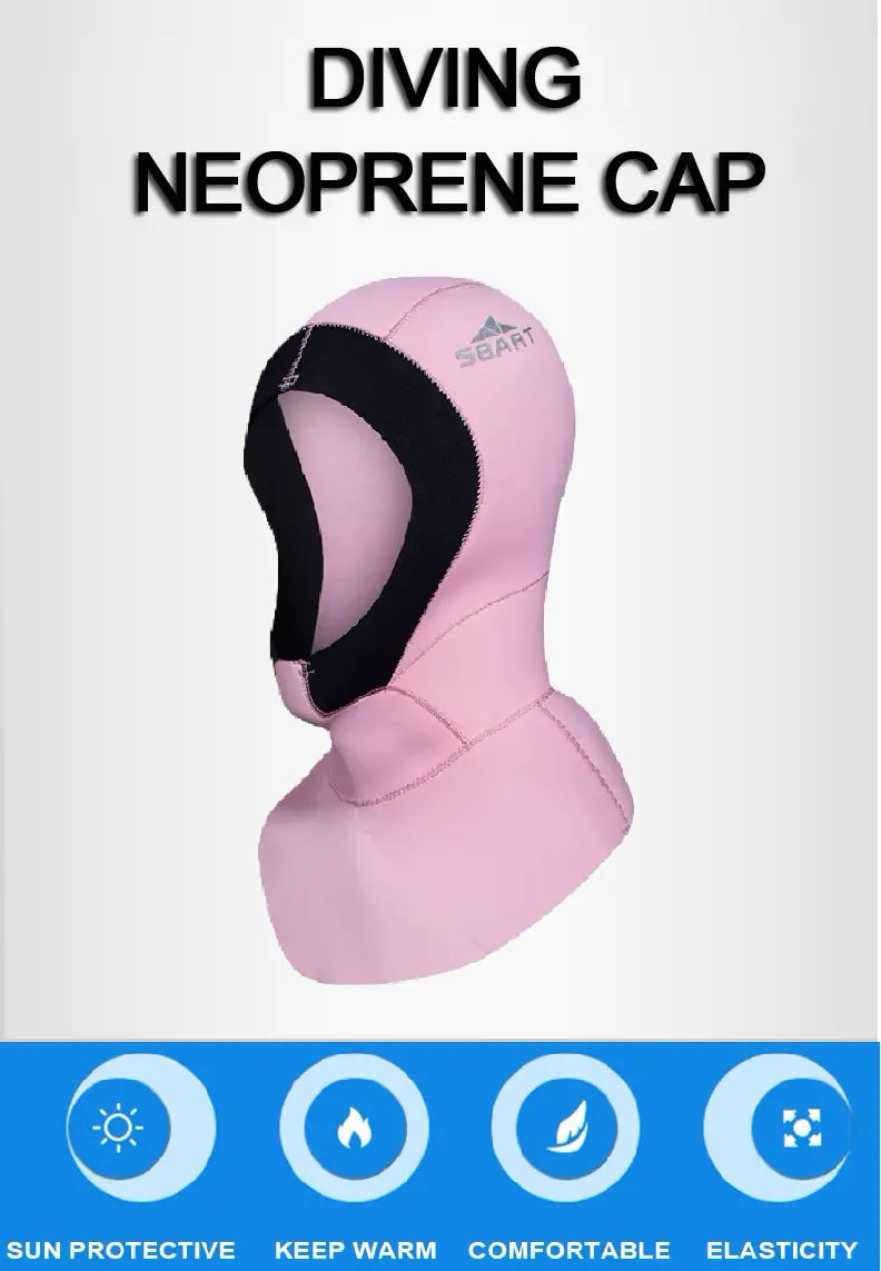 Cagoule de plongée femme couleur rose en néoprène, avec logo SBART, conçue pour offrir une protection solaire, maintenir la chaleur, garantir le confort et une élasticité optimale, idéale pour la plongée sous-marine.