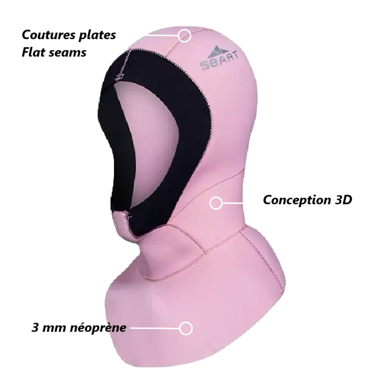 Cagoule de plongée femme couleur rose en néoprène avec annotations détaillant le design ergonomique, les coutures renforcées, idéale pour les activités de plongée sous-marine.