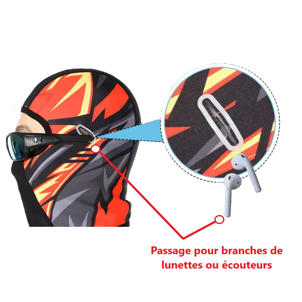 Détails d’une Cagoule pour Casque ski rouge, montrant l’ouverture pour le masque et la protection faciale, idéale pour les sports d’hiver.