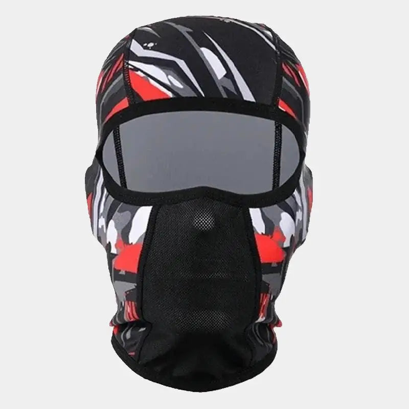 Cagoule pour Casque ski rouge à motifs abstraits, vue de face, protégeant intégralement le visage et le cou contre le froid.