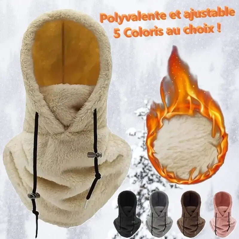 Cagoule sherpa beige polyvalente avec doublure chaude et cordons ajustables, mise en avant avec 5 couleurs disponibles (beige, noir, gris, marron, rose), illustrée sur un fond enneigé avec un motif de flamme représentant la chaleur.