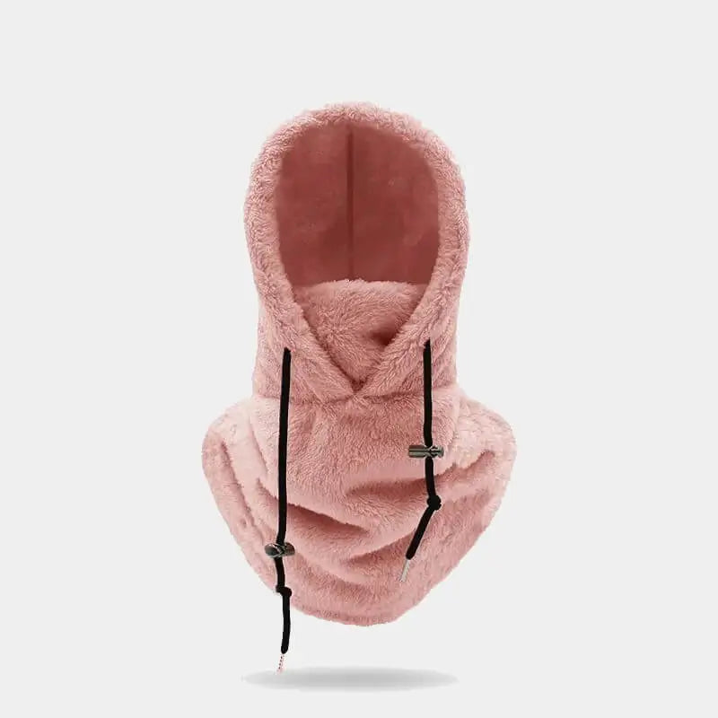 Cagoule sherpa rose avec doublure douce et cordons de serrage ajustables, parfaite pour protéger du froid et du vent, idéale pour les activités hivernales en extérieur.