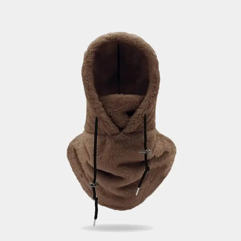 Cagoule sherpa brune avec doublure douce et cordons de serrage ajustables, parfaite pour protéger du froid et du vent, idéale pour les activités hivernales en extérieur.