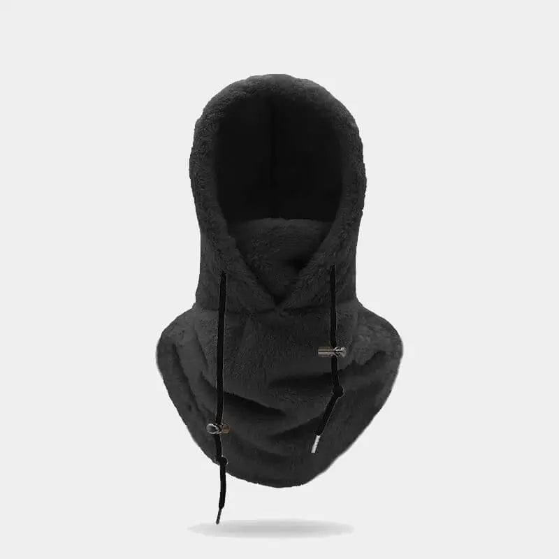 Cagoule sherpa noire avec doublure intérieure chaude et cordons de serrage ajustables, conçue pour offrir une protection contre le froid et le vent lors des activités hivernales en extérieur.