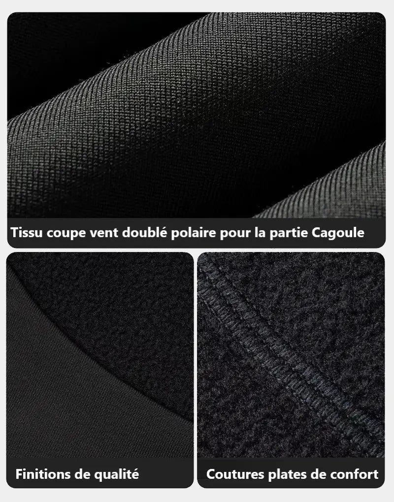 Zoom sur le tissu coupe-vent et respirant de la cagoule ski multifonction, de sa doublure polaire et de la qualité des coutures.