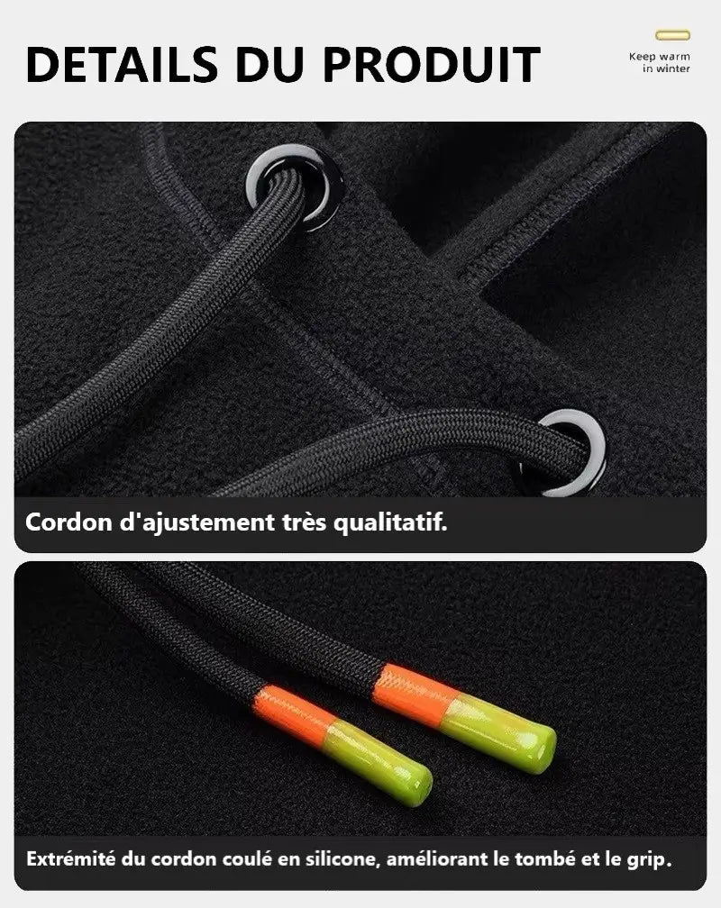 Zoom sur les cordons d'ajustement renforcés de la cagoule ski multifonction noire, avec embouts colorés en orange et vert fluo pour un réglage pratique et sécurisé.