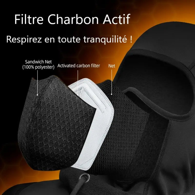 Zoom sur le filtre charbon actif intégré à la cagoule ski multifonction, offrant une protection respiratoire avancée et un confort optimal pour les sports d'hiver.