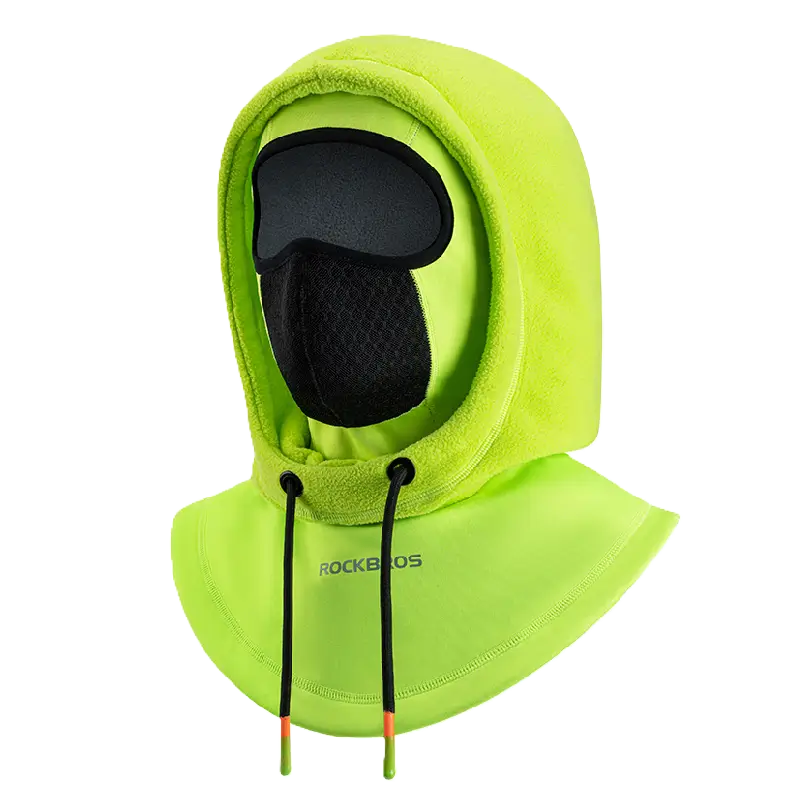 Cagoule ski multifonction vert fluo avec capuche en polaire, filtre respirant et plastron coupe-vent recouvrant les épaules, idéale pour les activités en plein air.