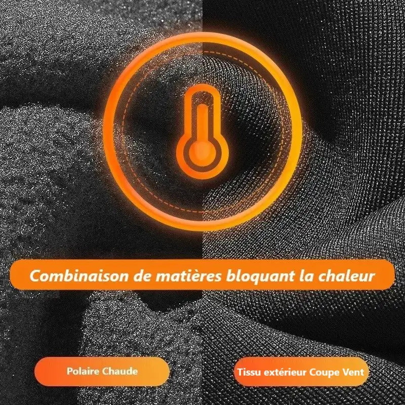 Zoom sur les matériaux d'une cagoule thermique moto, avec une combinaison de polaire chaude et de tissu extérieur coupe-vent, accompagnée d'une icône de thermomètre pour illustrer la rétention de chaleur.