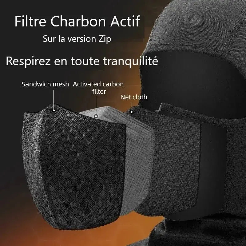 Détail d'une cagoule thermique moto avec filtre en charbon actif, comprenant un filet en sandwich mesh et un tissu net, pour une respiration optimale et confortable en toutes conditions.