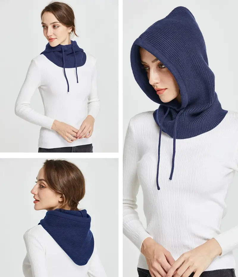 Cagoule tricot femme bleu marine, portée par une femme, mettant en avant un style confortable avec une protection intégrale pour la tête et le cou.