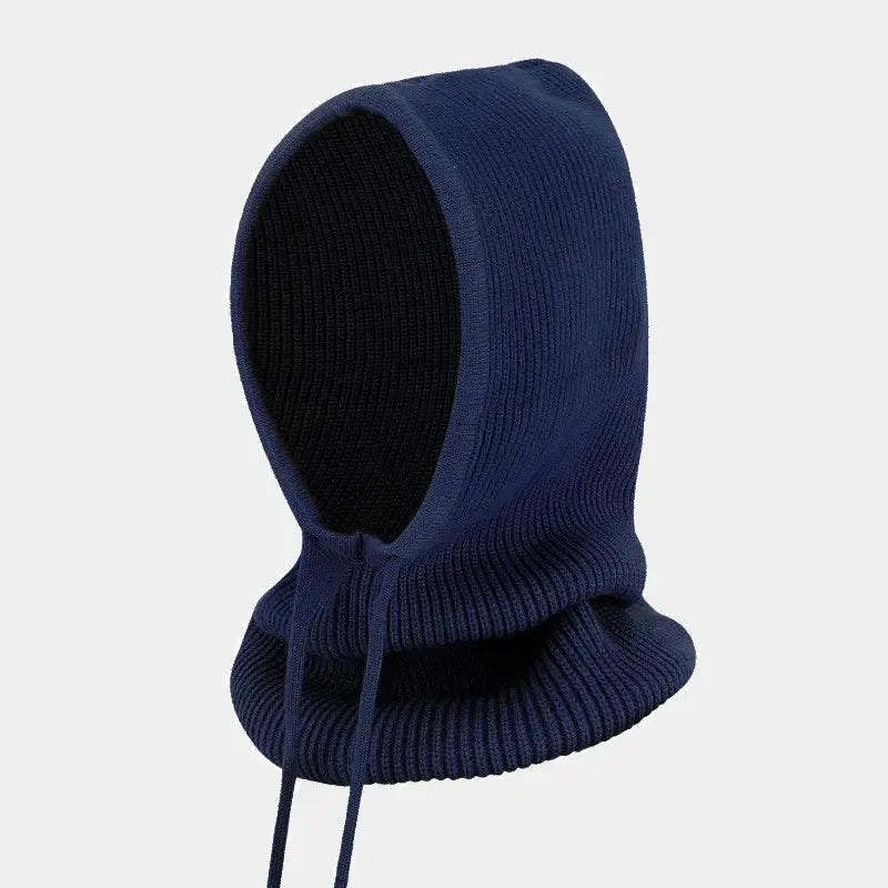 Cagoule Tricot Femme bleu marine, au design élégant et ajustable, idéale pour protéger la tête et le cou en hiver.