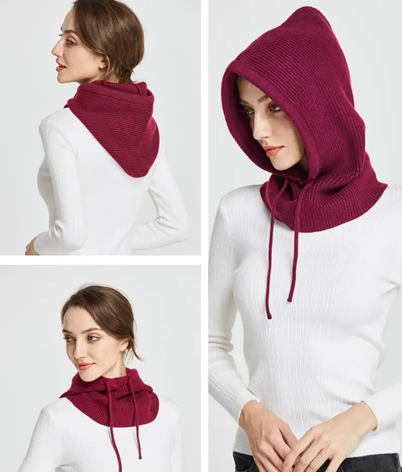 Cagoule Tricot Femme rouge bordeaux dans différentes manières de la porter, portée par une femme, montrant confort, élégance et polyvalence pour l’hiver.