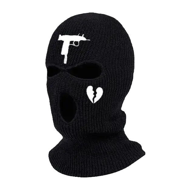 Cagoule tricotée noire ornée d'un motif blanc représentant un pistolet et un cœur, sur un fond noir élégant.