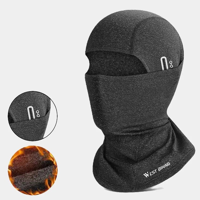 Cagoule vélo grand froid grise, conçue pour protéger le visage et le cou des conditions extrêmes, avec tissu coupe-vent et doublure thermique en polaire.