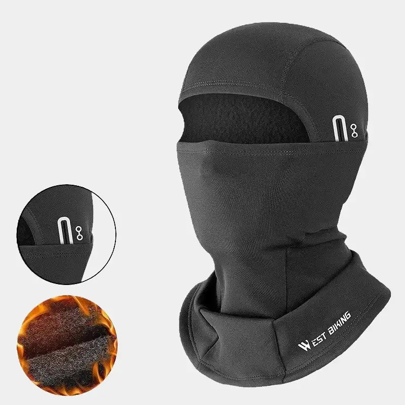 Cagoule vélo grand froid noire, idéale pour le cyclisme en hiver, avec protection intégrale, doublure polaire chaude et passage pour lunettes."