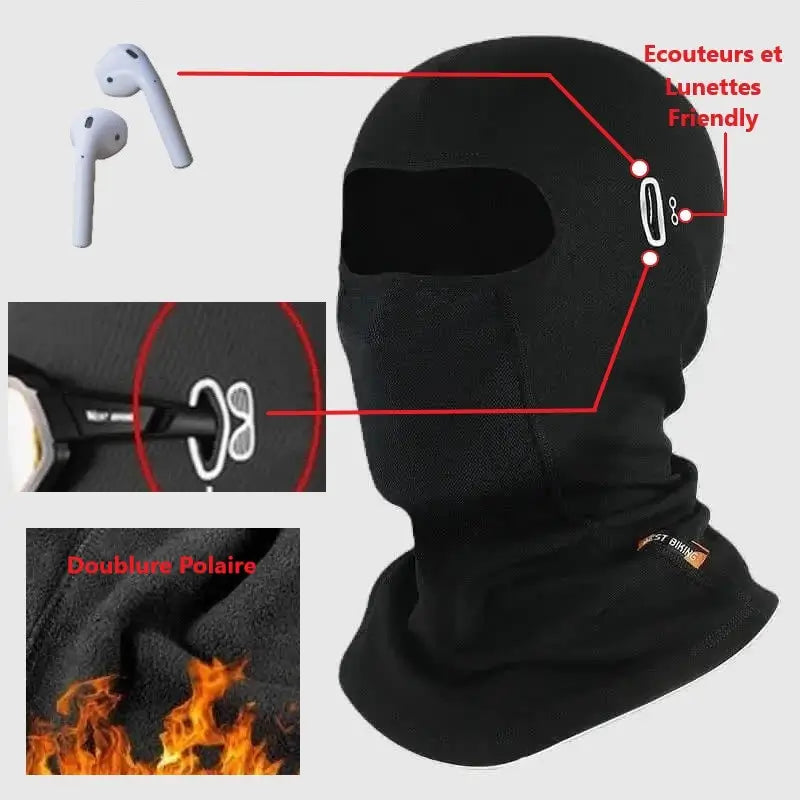 Cagoule vélo hiver ouvert en tissu thermique noir, ajustée avec un design pratique pour les cyclistes, présentant une ouverture large pour une vision claire et une isolation optimale contre le froid et le vent.