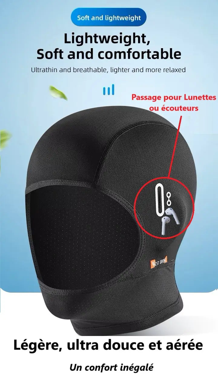 Cagoule vélo été minimaliste ultra douce et légère. Conçue pour un confort optimal sous casque lors de sorties estivales.