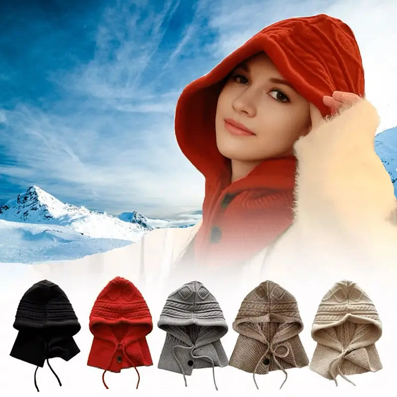 Capuche cagoule tricot disponible en plusieurs couleurs, mise en avant avec une femme portant la version rouge sur fond de paysage glacé.