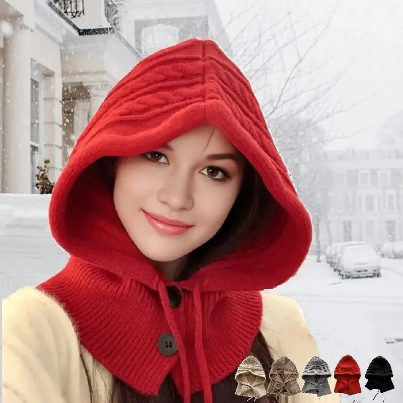 Femme souriante portant une capuche cagoule tricot rouge, idéale pour l'hiver et les balades en plein air sous la neige.