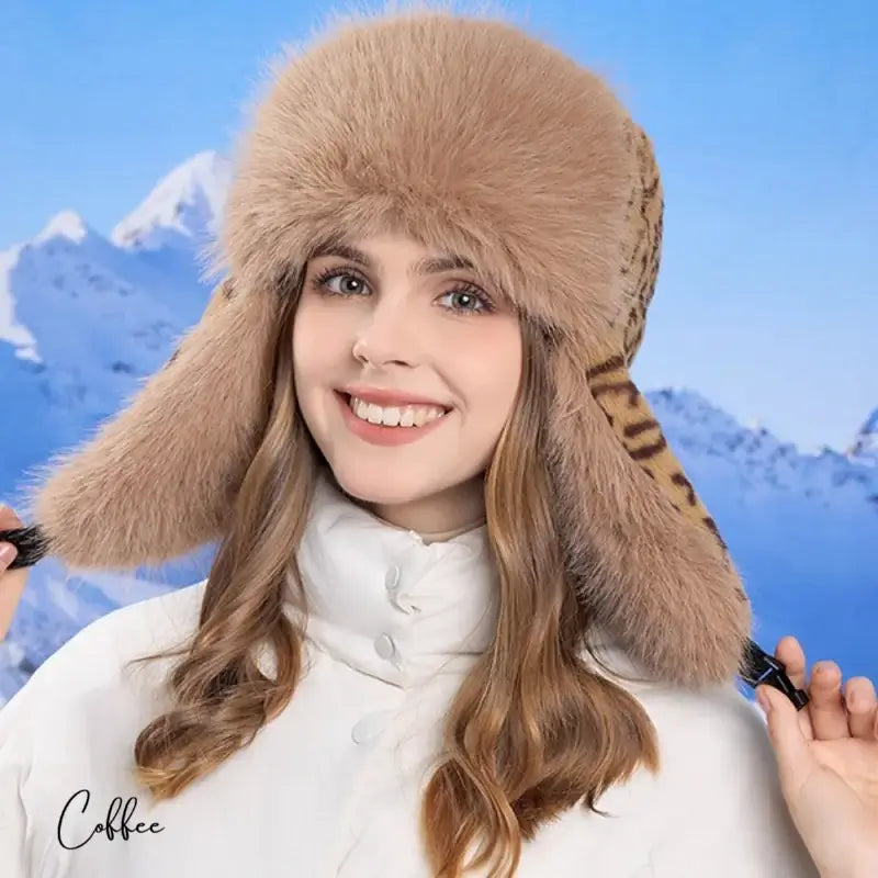 Jeune femme avec des cheveux ondulés, portant une Chapka Russe Femme Léopard marron café, entièrement recouverte de fausse fourrure moelleuse. Elle pose avec un grand sourire devant un paysage hivernal avec des montagnes enneigées.