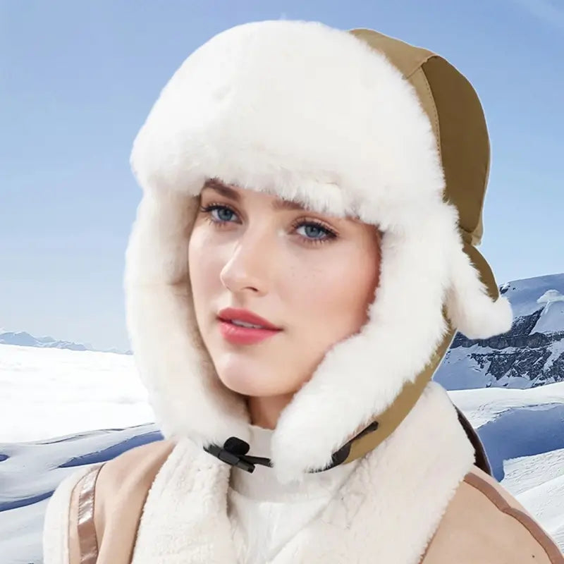 Chapka Aviateur Femme camel et beige, porté par une femme aux cheveux longs dans un décor enneigé avec vue sur les montagnes. Un couvre-chef chaud et tendance pour les aventures hivernales.