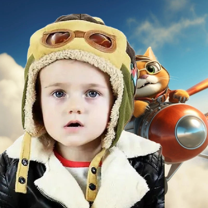 Enfant portant une chapka enfant aviateur marron et beige, avec lunettes d'aviateur et veste de pilote, devant un décor de ciel et d’avion.