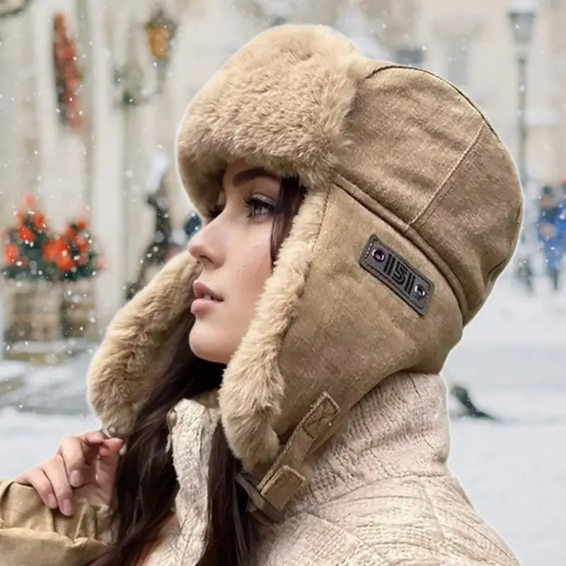 Femme portant une chapka femme hiver en tissu beige avec une doublure en fourrure épaisse sur les oreilles et le front. Elle est habillée d'un manteau assorti et se tient dans un décor hivernal avec des flocons de neige tombant et des bâtiments décorés en arrière-plan.