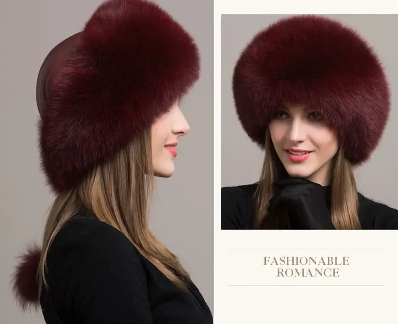 Montage mettant en avant une Chapka Russe en vraie fourrure bordeaux sous plusieurs angles. Vue de profil et de face d’un accessoire d’hiver luxueux, parfait pour un look sophistiqué.