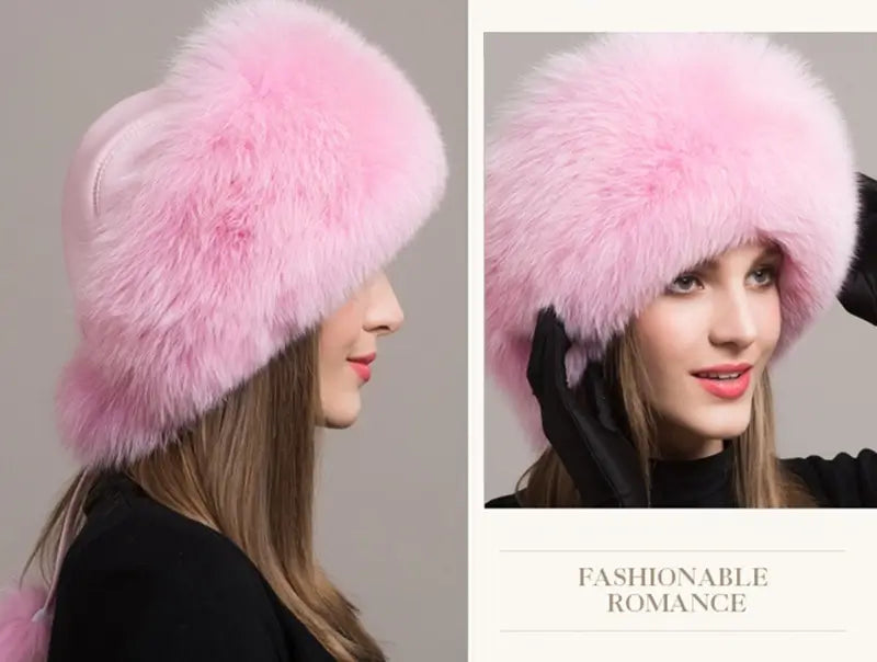 Montage illustrant une Chapka Russe en vraie fourrure rose sous plusieurs angles. Vue de profil et de face d’un accessoire d’hiver luxueux, parfait pour allier douceur, féminité et protection contre le froid.