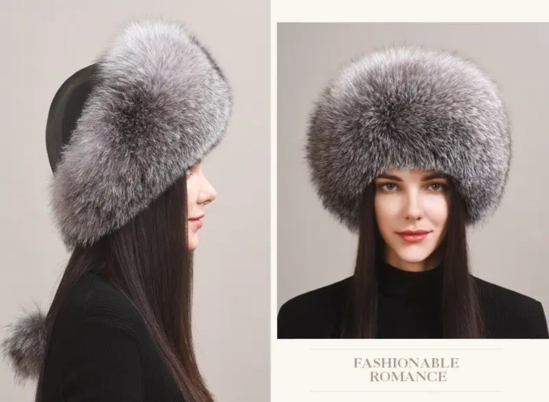 Montage illustrant une Chapka Russe en vraie fourrure Silver Blue sous plusieurs angles. Vue de face et de profil d’un accessoire hivernal chic, idéal pour une protection optimale contre le froid.