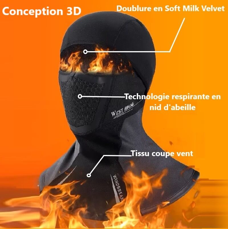 la-meilleure-cagoule-moto-Cagoule technique noire pour moto avec conception 3D, doublure en Soft Milk Velvet, technologie respirante en nid d'abeille et tissu coupe-vent