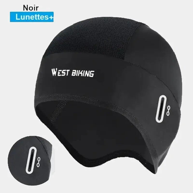 Sous casque vélo été noir, ultra-léger et respirant, avec protection des oreilles et matière extensible pour un ajustement parfait sous un casque.